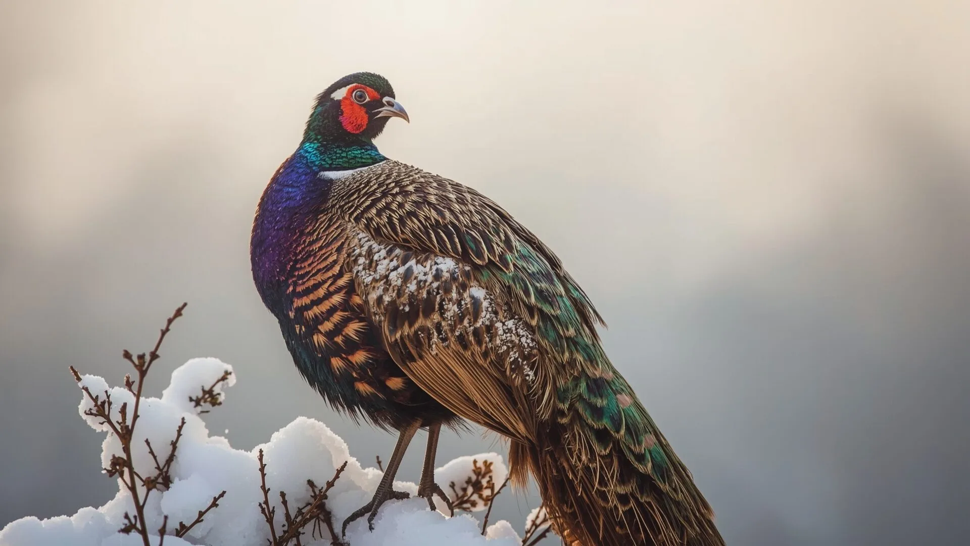 A majestic male pheasant with iridescent blue an 1